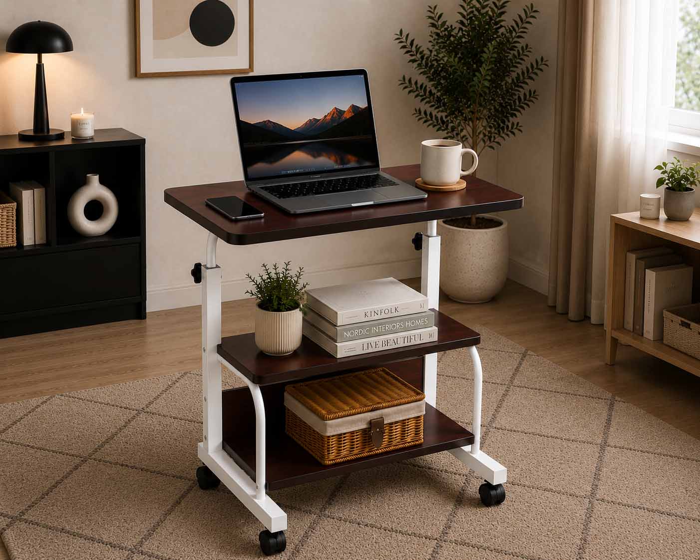 Double Layer Adjustable Table Brown With White Stand